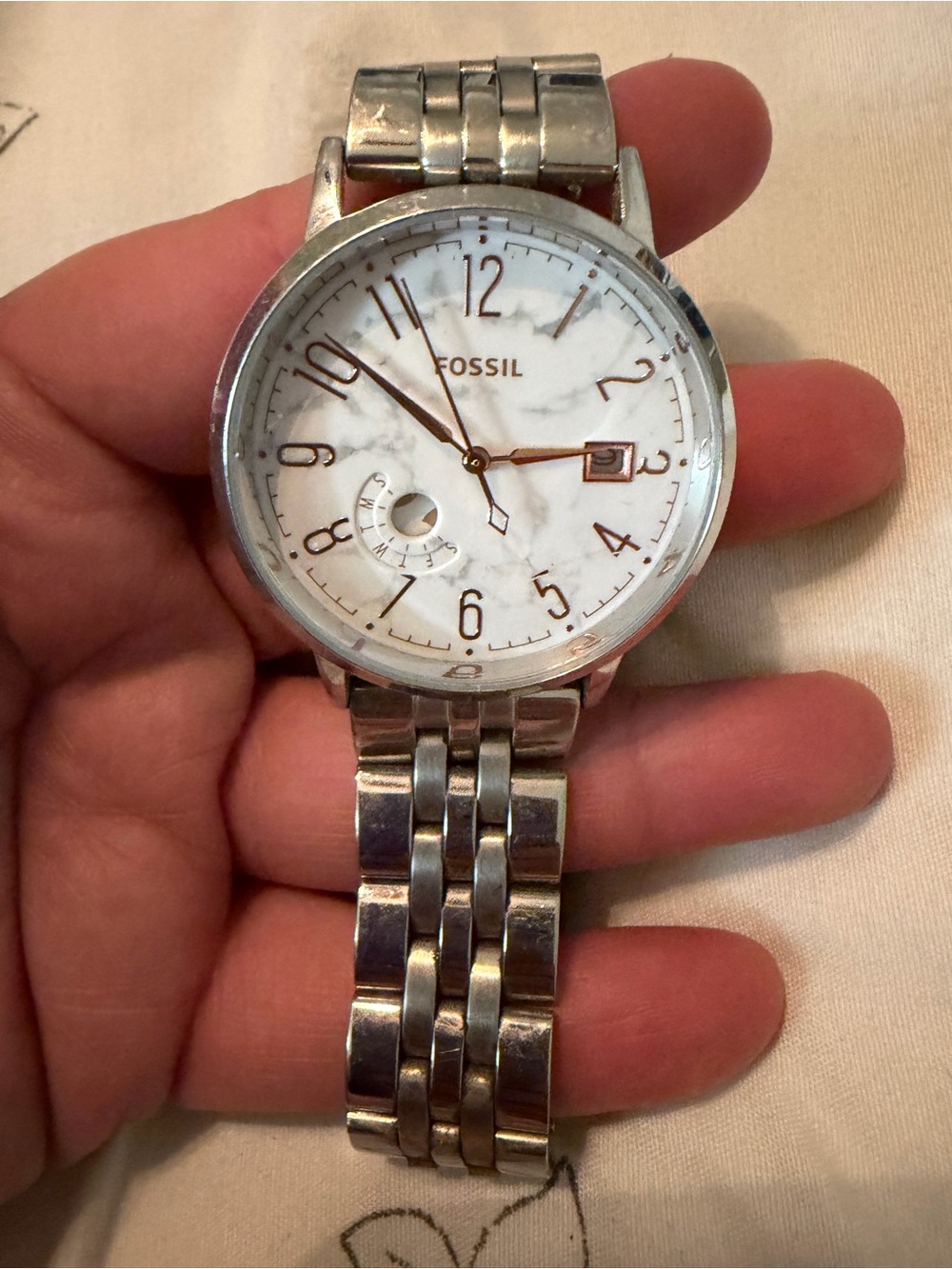 Fossil womenβs Stainless Steel Silver Watch with White Dial